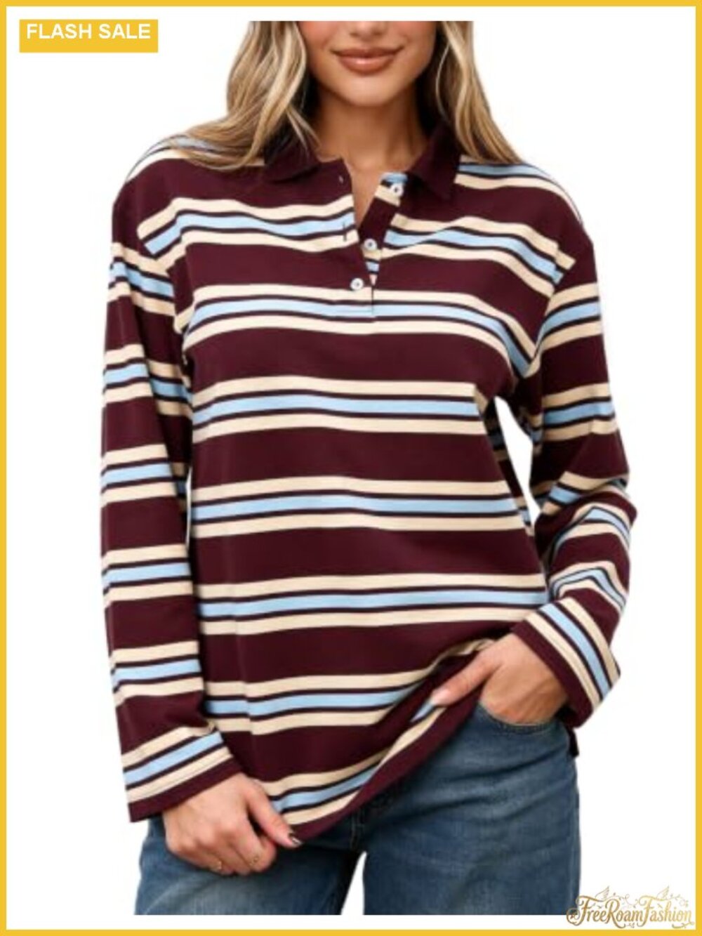 Womens Striped Rugby Polo Shirt Long Sleeve Collared Pullover Top